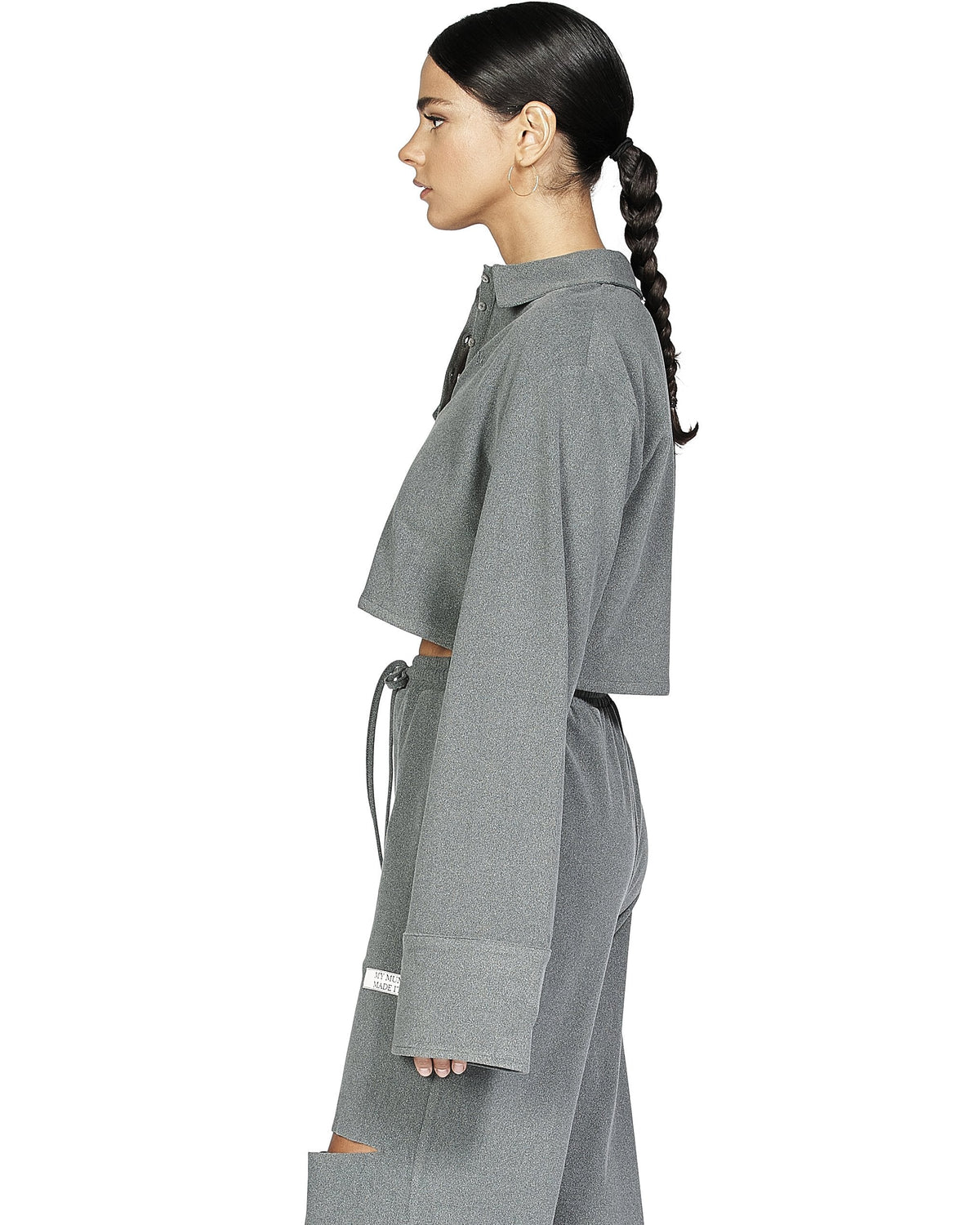 Long Sleeve Cropped Polo - Static Grey