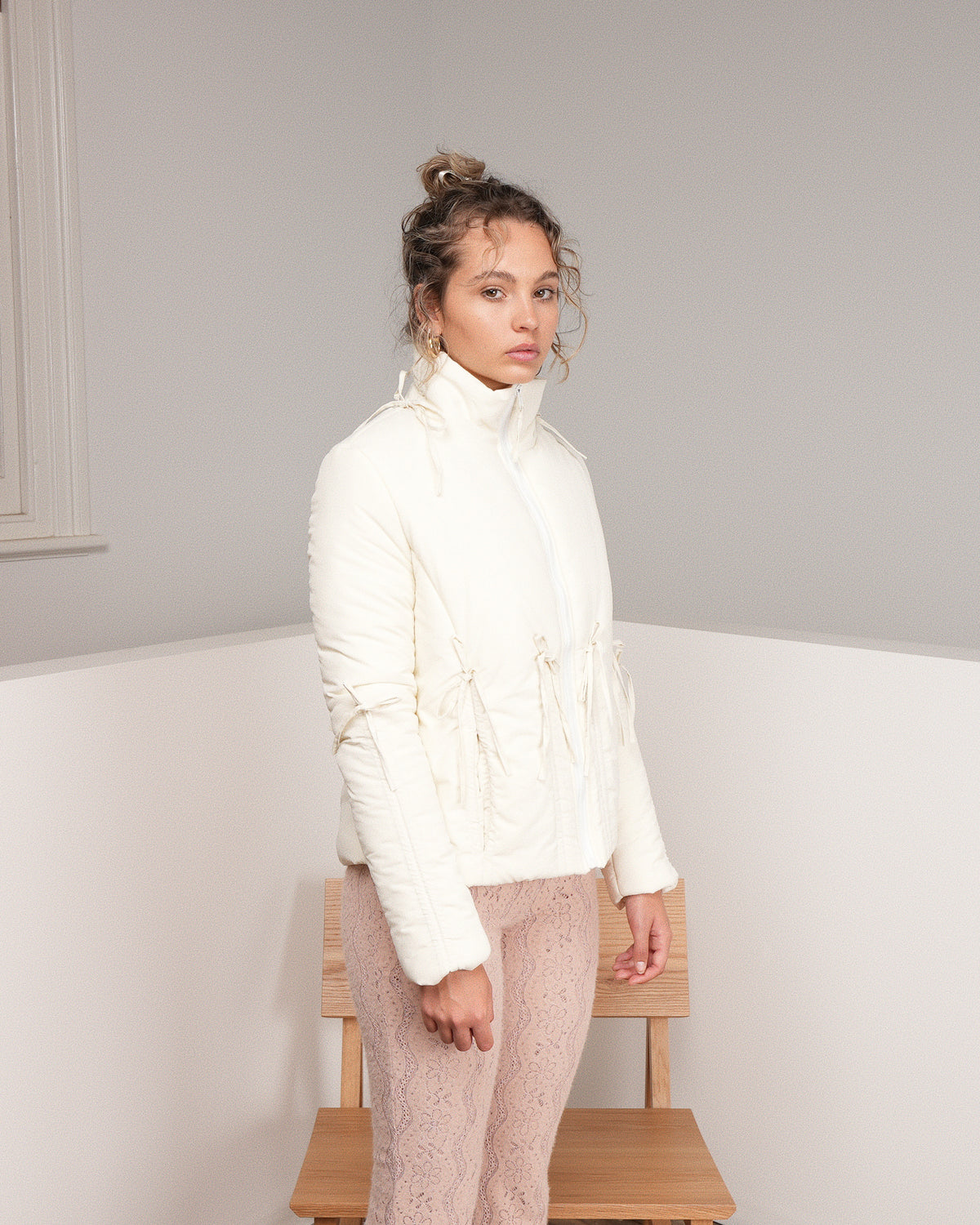 Bow Puffer Jacket - Cream