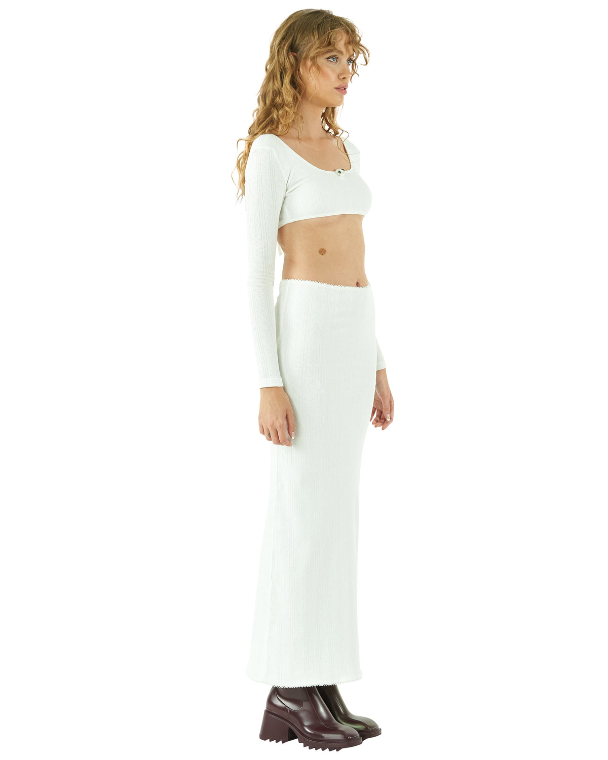 Pointelle Fitted Maxi Skirt - White